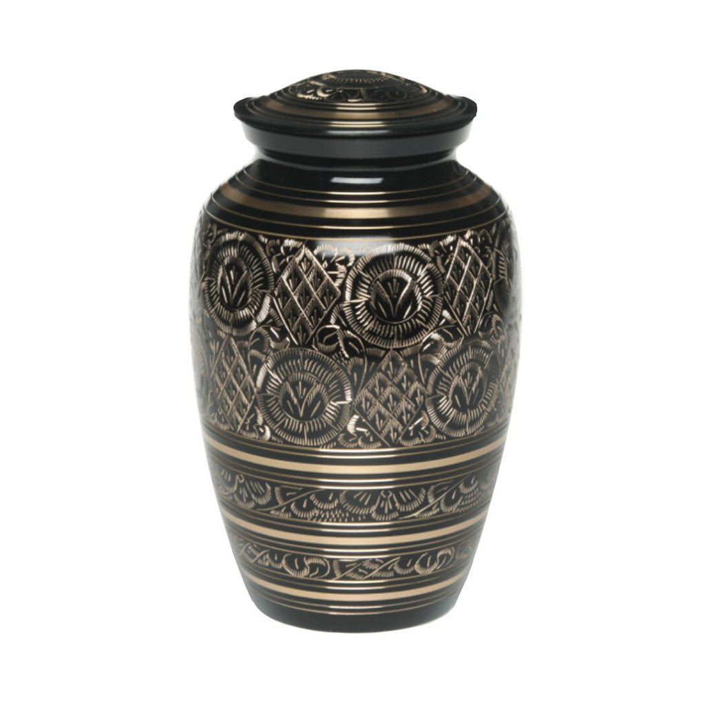 IMPERFECT SELECTION- ADULT - Classic Brass Urn -1574- Black and Gold Etched