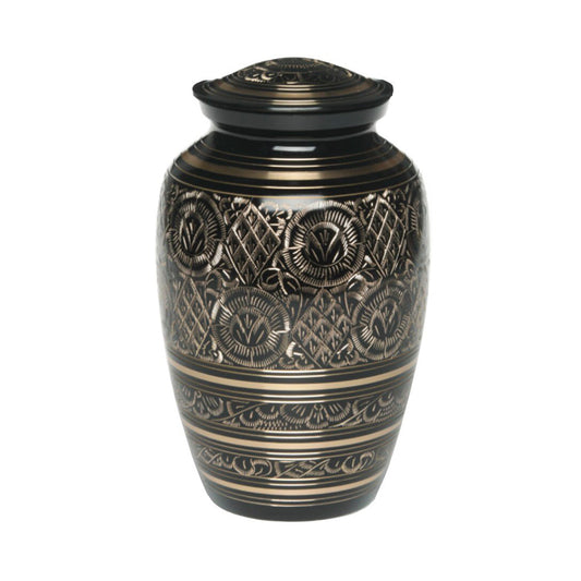 IMPERFECT SELECTION- ADULT - Classic Brass Urn -1574- Black and Gold Etched