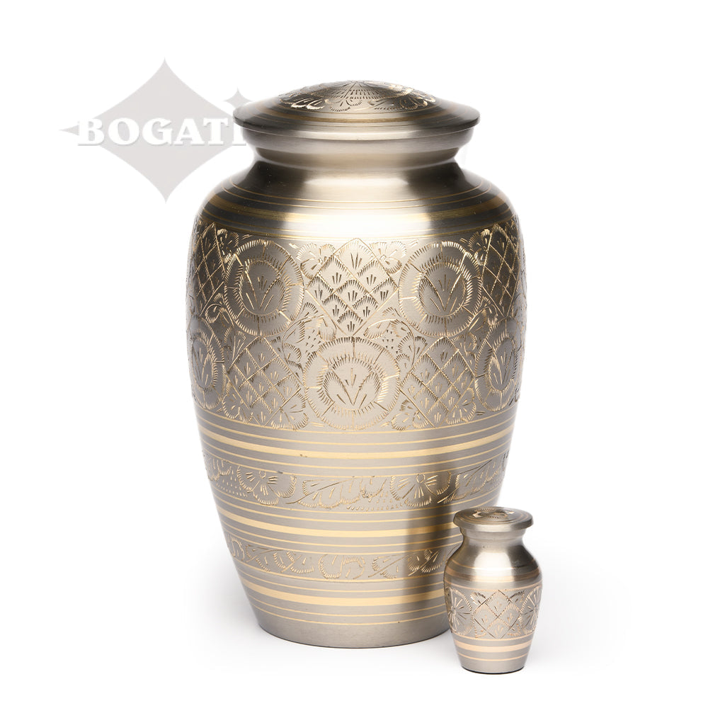 KEEPSAKE-1575- Brass Urn - Hand Etched - Platinum & Gold