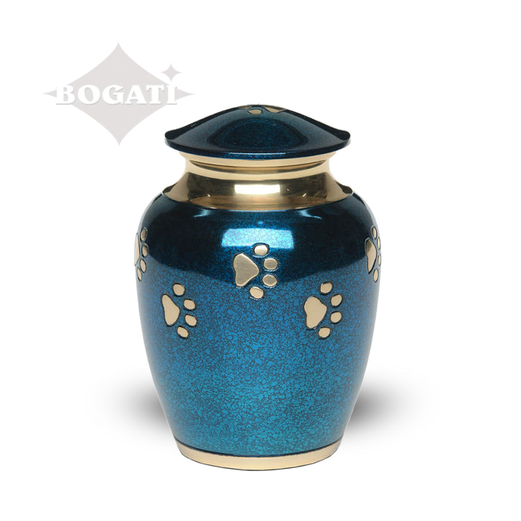 SMALL Brass Pet Urn - "Forever Paw" Blue-Gold