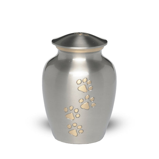 SMALL Brass Pet Urn -"Paws to Heaven" Pewter-Gold