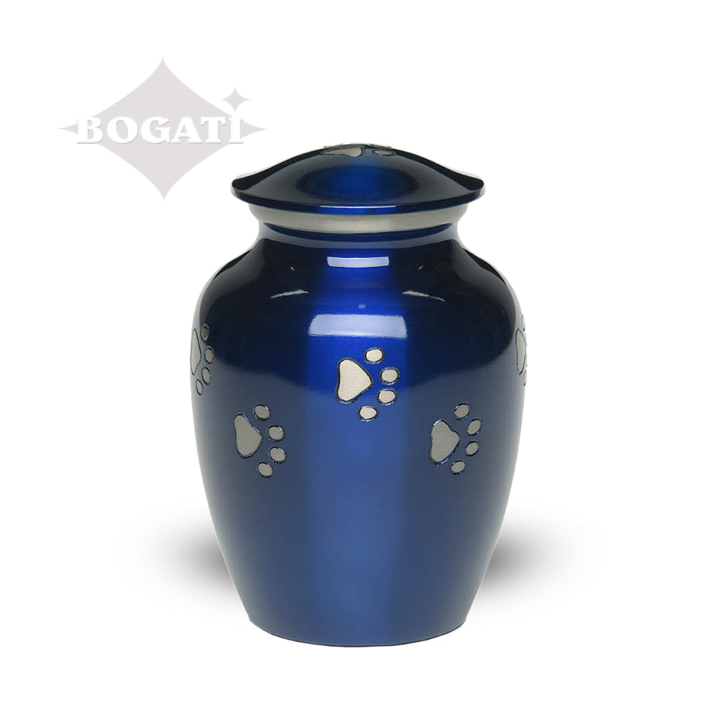 SMALL Brass Pet Urn - "Forever Paw" Blue-Silver