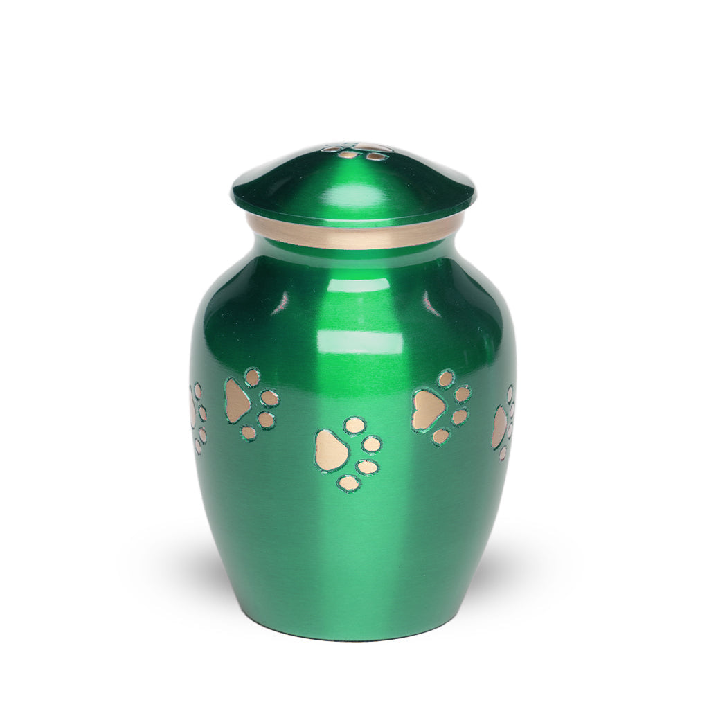 SMALL Brass Pet Urn - "Forever Paw" Green-Gold
