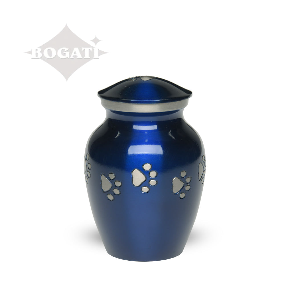 EXTRA SMALL Brass Pet Urn - "Forever Paw" Blue-Silver