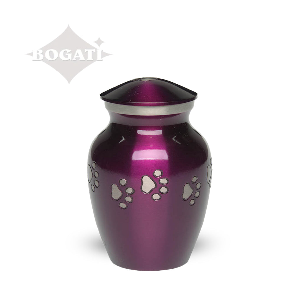 EXTRA SMALL Brass Pet Urn - "Forever Paw" Purple-Silver