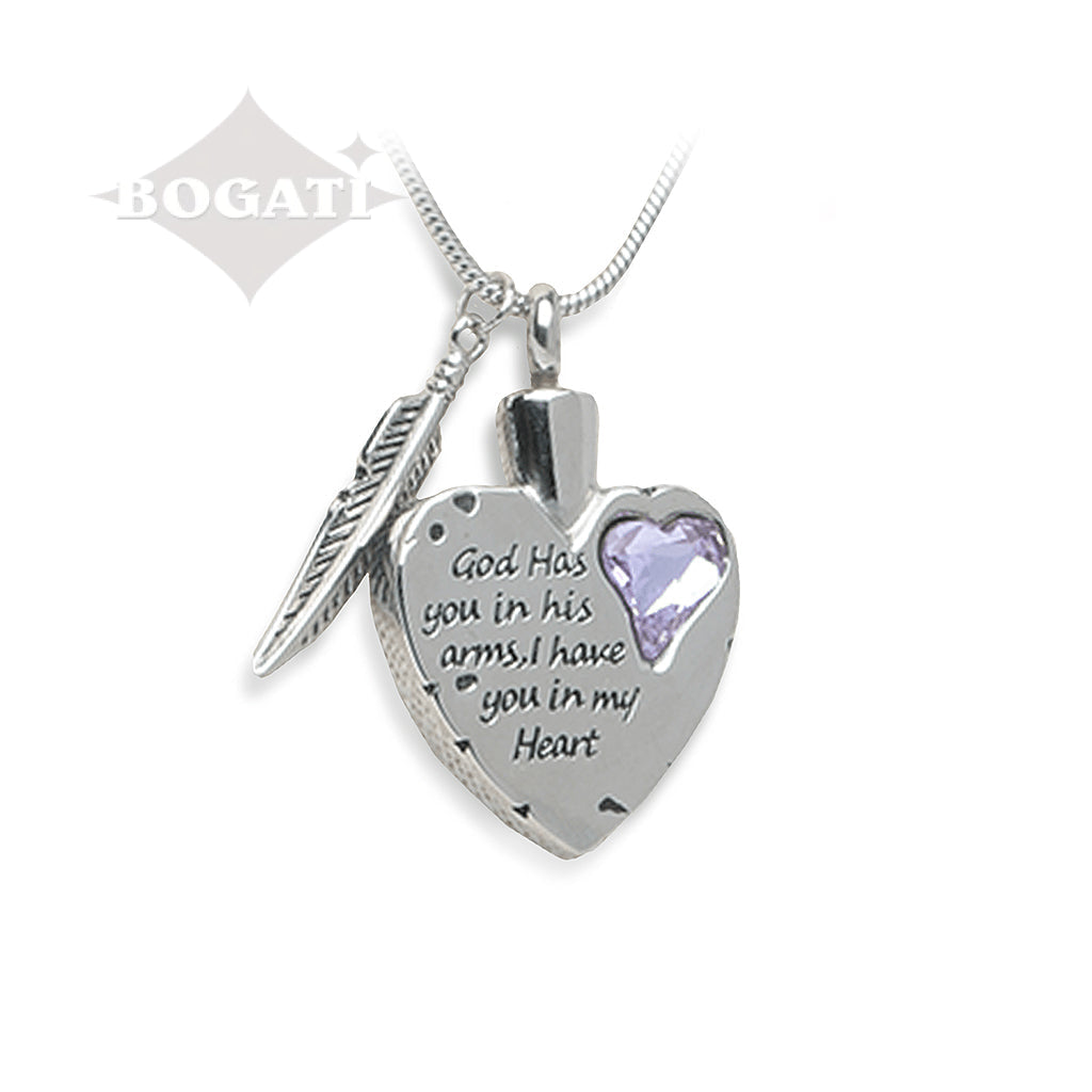 J-1938-Light-Purple Heart with Feather – Pendant with Chain