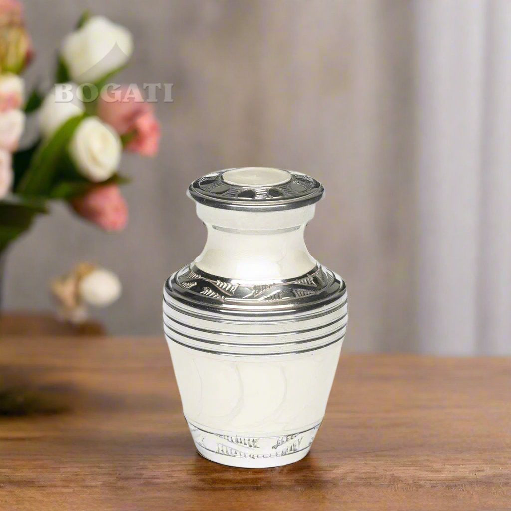 KEEPSAKE Nickel Plated Brass Urn -1963- Enamel finish with Silver Bands