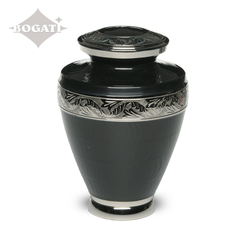 ADULT Brass Urn -1964- Enamel Overlay - Silver-tone bands Charcoal
