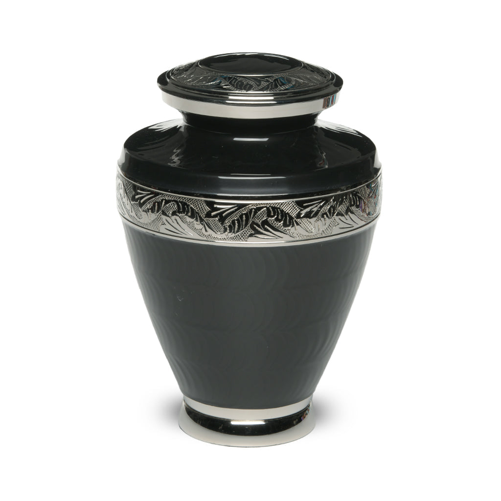 IMPERFECT SELECTION- ADULT Brass Urn -1964- Enamel Overlay - Silver-tone bands Charcoal