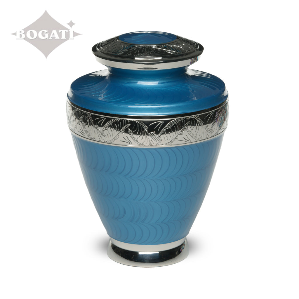 ADULT Brass Urn -1964- Enamel Overlay - Silver-tone bands Dark Blue
