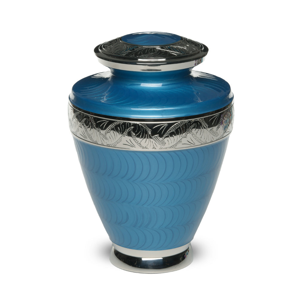 IMPERFECT SELECTION- ADULT Brass Urn -1964- Enamel Overlay - Silver-tone bands Dark Blue
