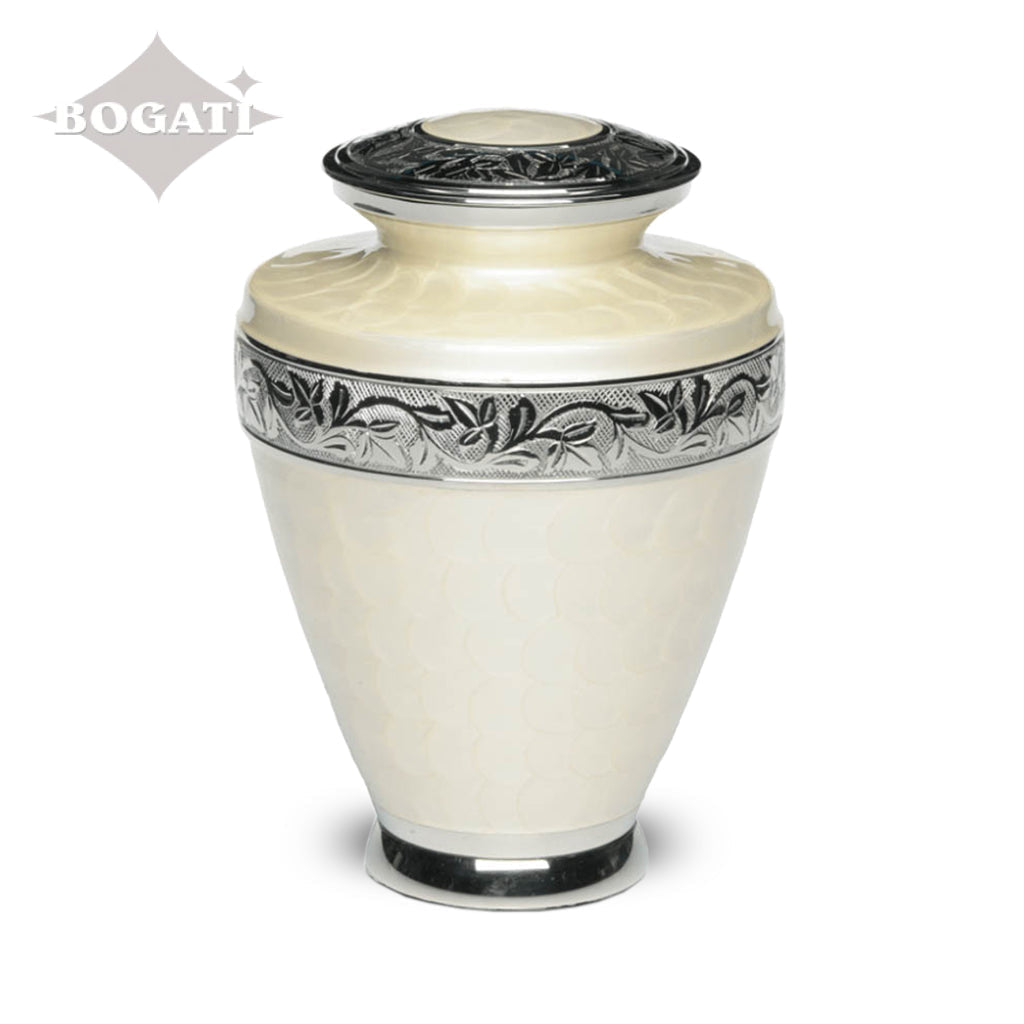 ADULT Brass Urn -1964- Enamel Overlay - Silver-tone bands Ivory