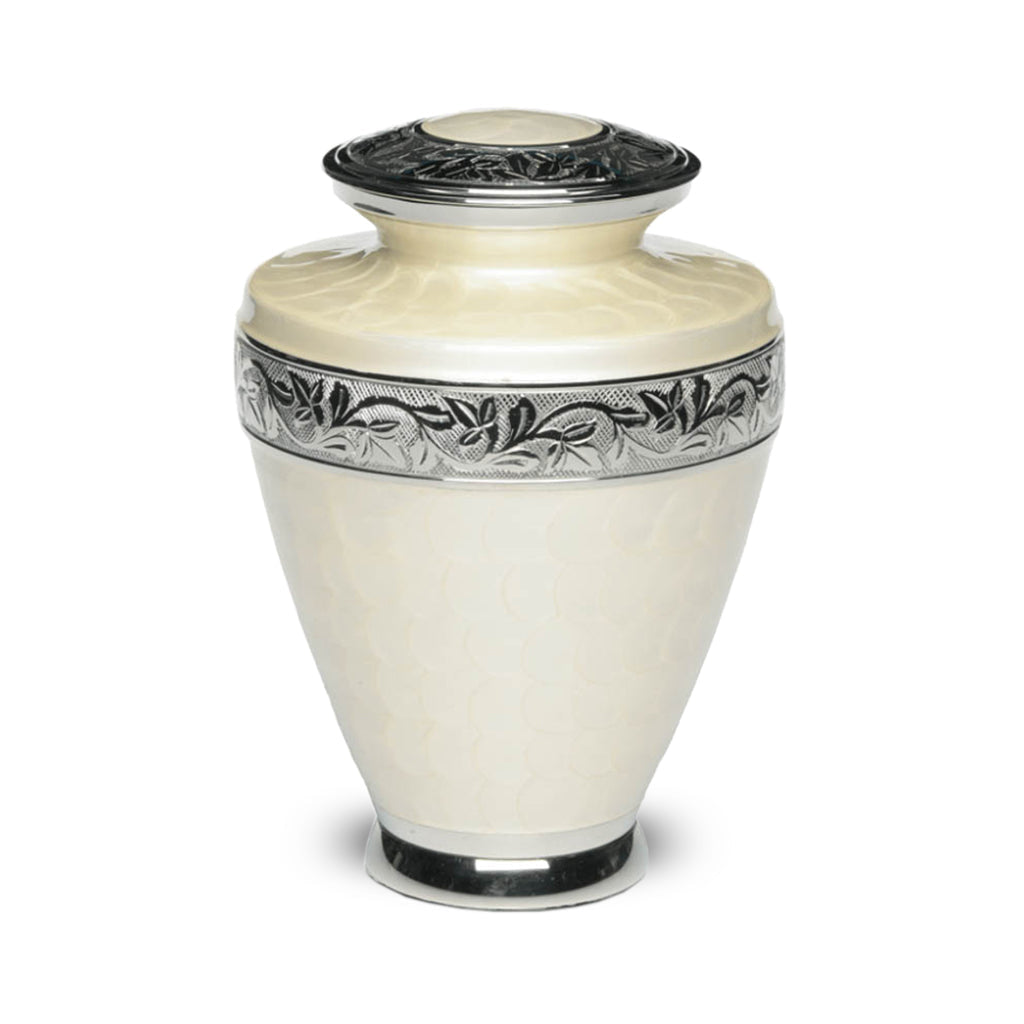 IMPERFECT SELECTION- ADULT Brass Urn -1964- Enamel Overlay - Silver-tone bands Ivory