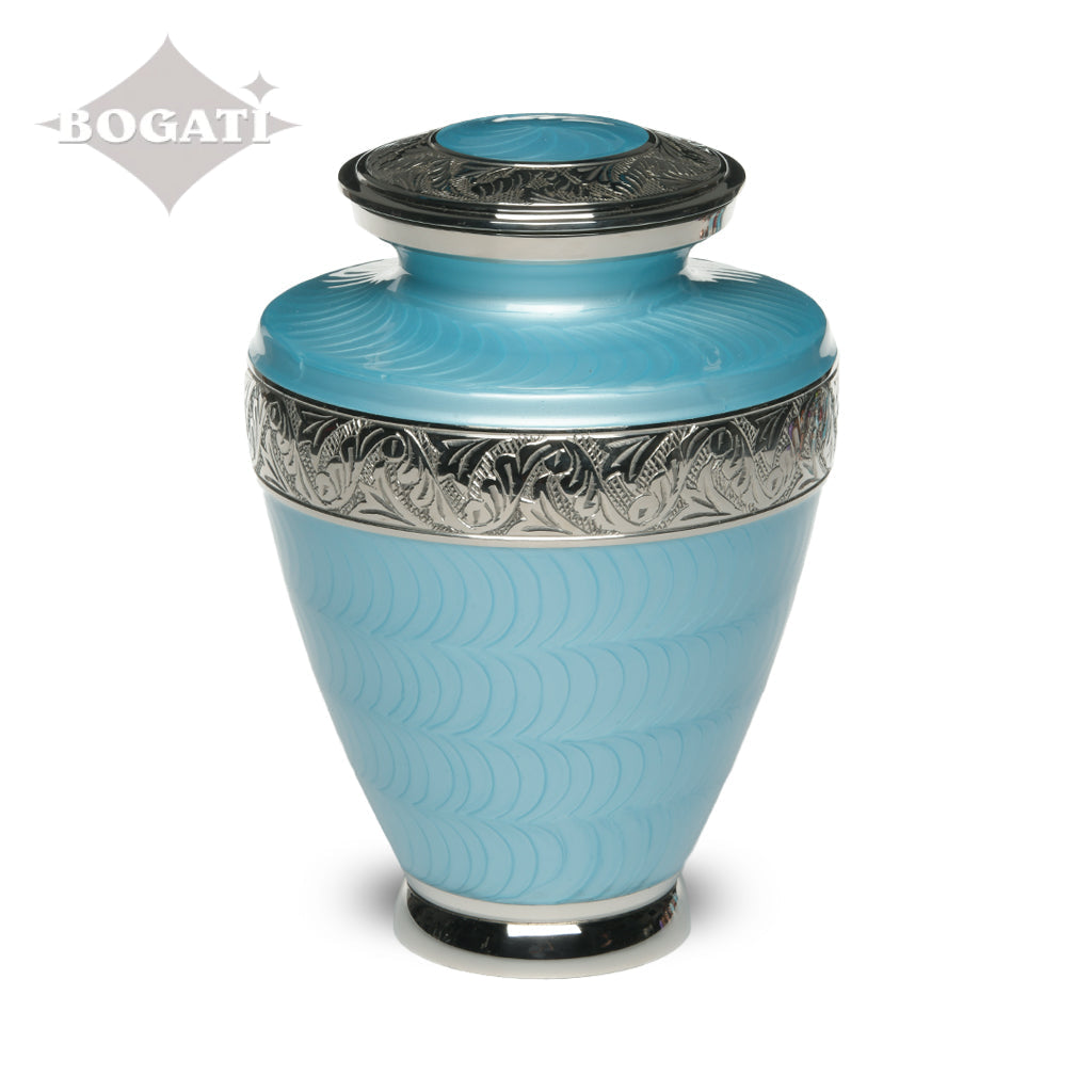ADULT Brass Urn -1964- Enamel Overlay - Silver-tone bands Light Blue