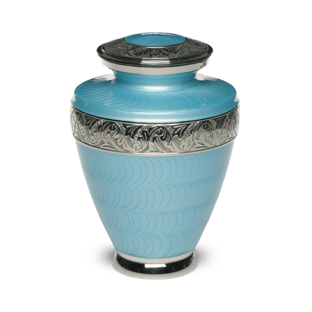 IMPERFECT SELECTION- ADULT Brass Urn -1964- Enamel Overlay - Silver-tone bands Light Blue