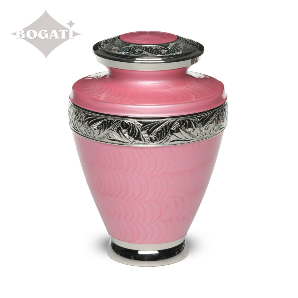 ADULT Brass Urn -1964- Enamel Overlay - Silver-tone bands Pink