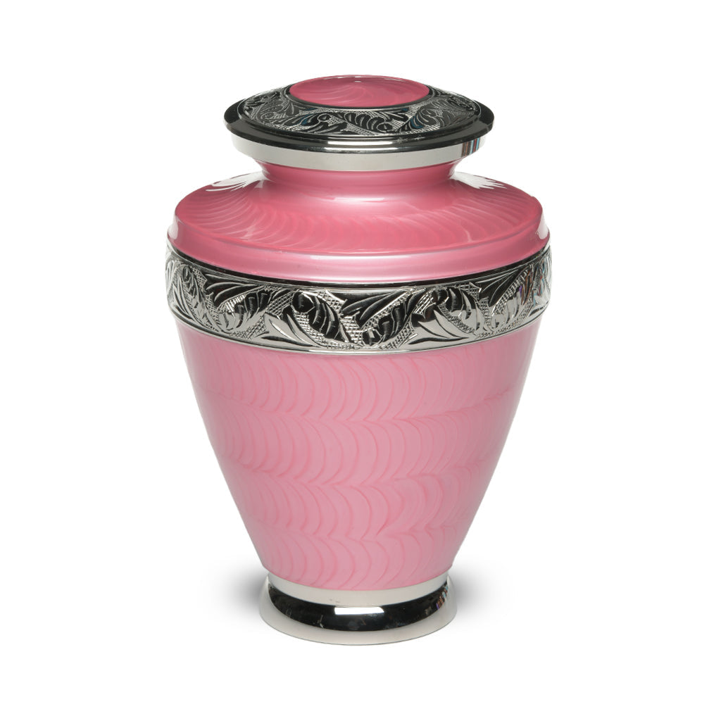IMPERFECT SELECTION- ADULT Brass Urn -1964- Enamel Overlay - Silver-tone bands Pink
