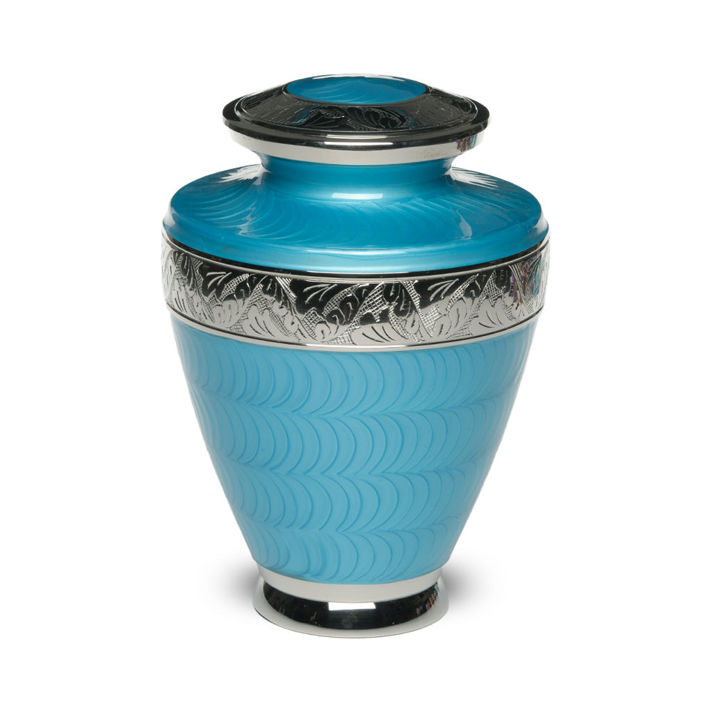 IMPERFECT SELECTION- ADULT Brass Urn -1964- Enamel Overlay - Silver-tone bands Turquoise