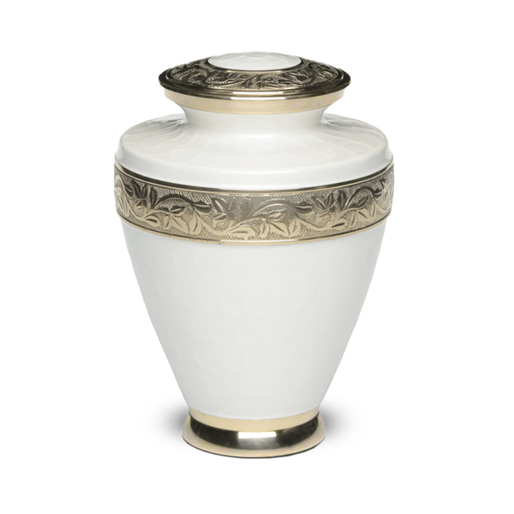 ADULT Brass Urn -1964- Enamel Overlay - Gold-tone bands White