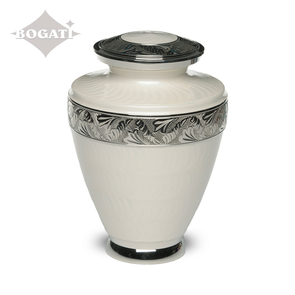 ADULT Brass Urn -1964- Enamel Overlay - Silver-tone bands White