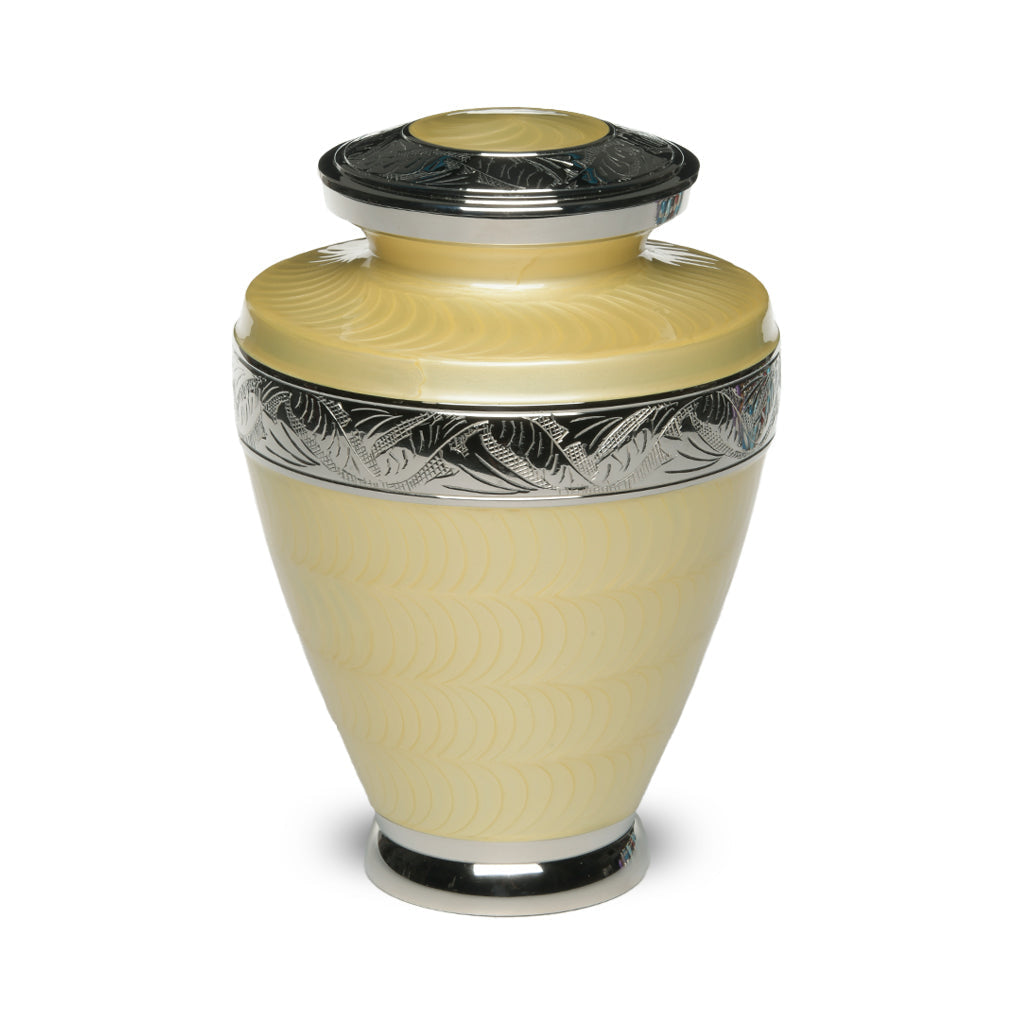 IMPERFECT SELECTION- ADULT Brass Urn -1964- Enamel Overlay - Silver-tone bands Yellow