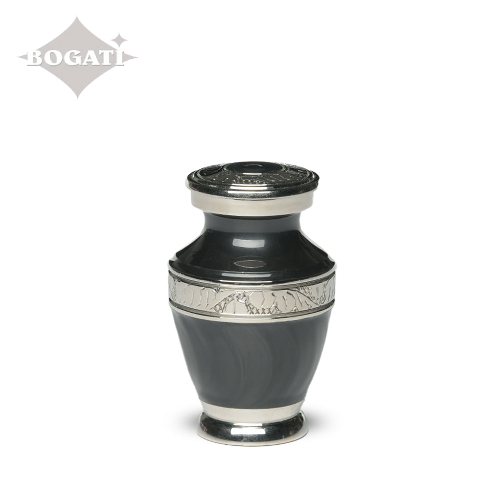 KEEPSAKE Brass Urn -1964- Enamel Overlay- Silver-tone bands Charcoal