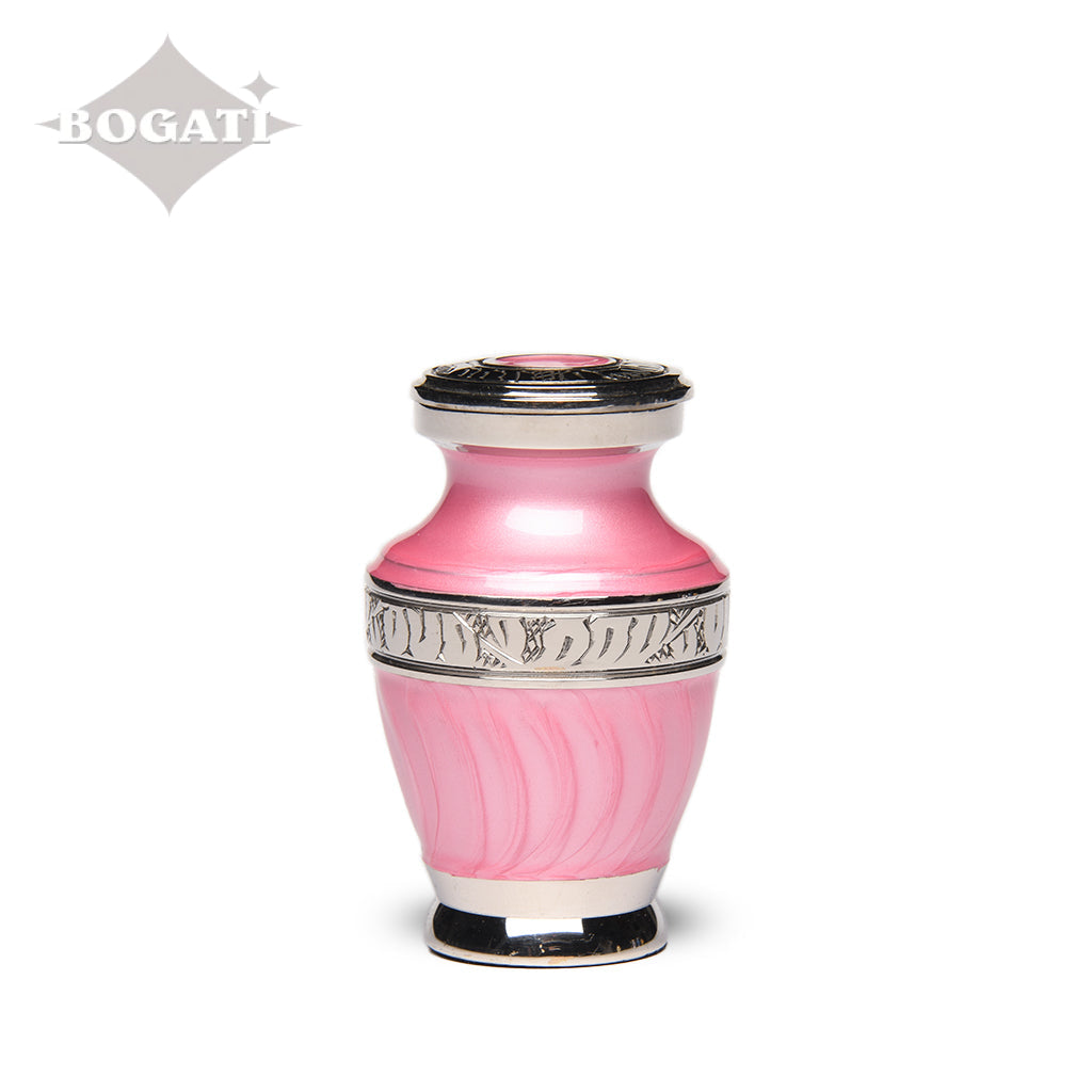 KEEPSAKE Brass Urn -1964- Enamel Overlay- Silver-tone bands Pink