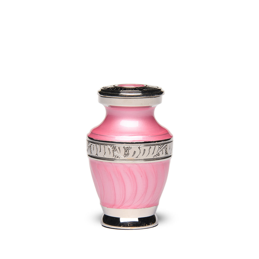 KEEPSAKE Brass Urn -1964- Enamel Overlay- Silver-tone bands Pink