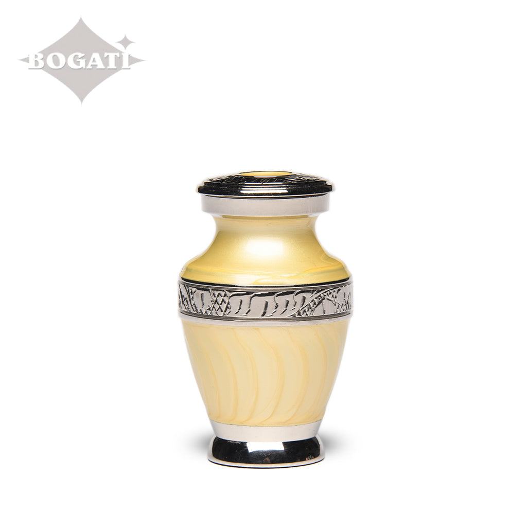 KEEPSAKE Brass Urn -1964- Enamel Overlay- Silver-tone bands Yellow