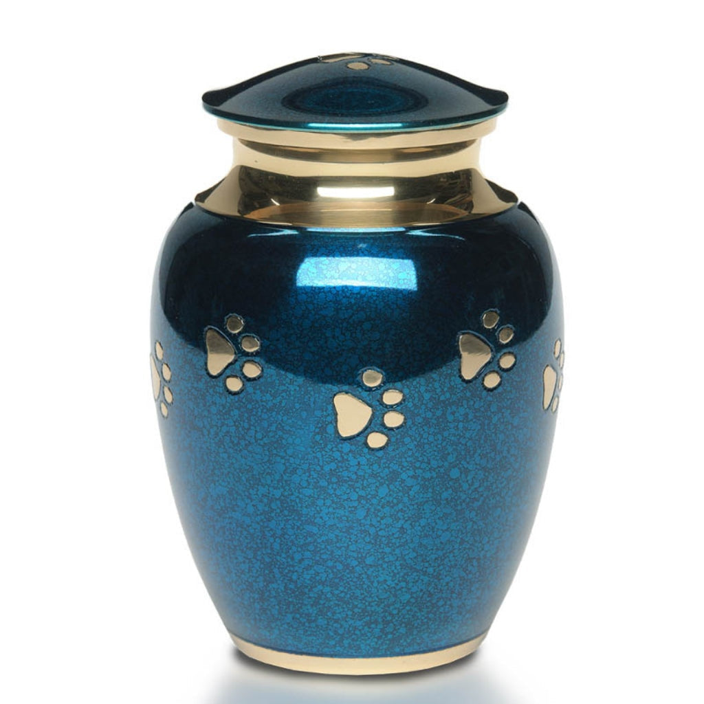 MEDIUM Brass Pet Urn -1650- "Forever Paws" - Blue & Gold