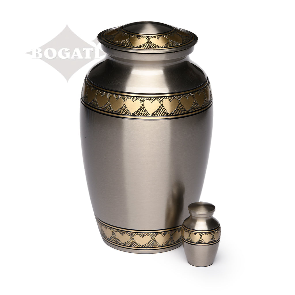 KEEPSAKE Brass Urn -2263- Brushed Pewter with Brass Hearts