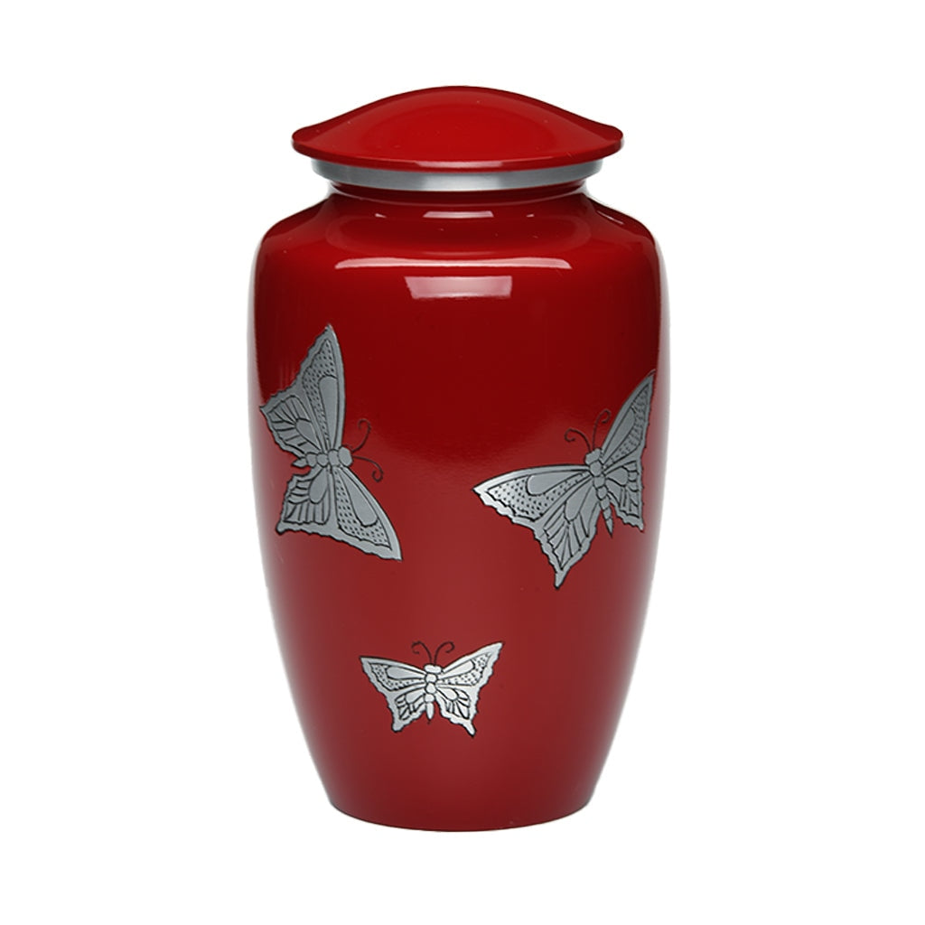 ADULT -Classic Alloy Urn -2415– with engraved BUTTERFLIES Red