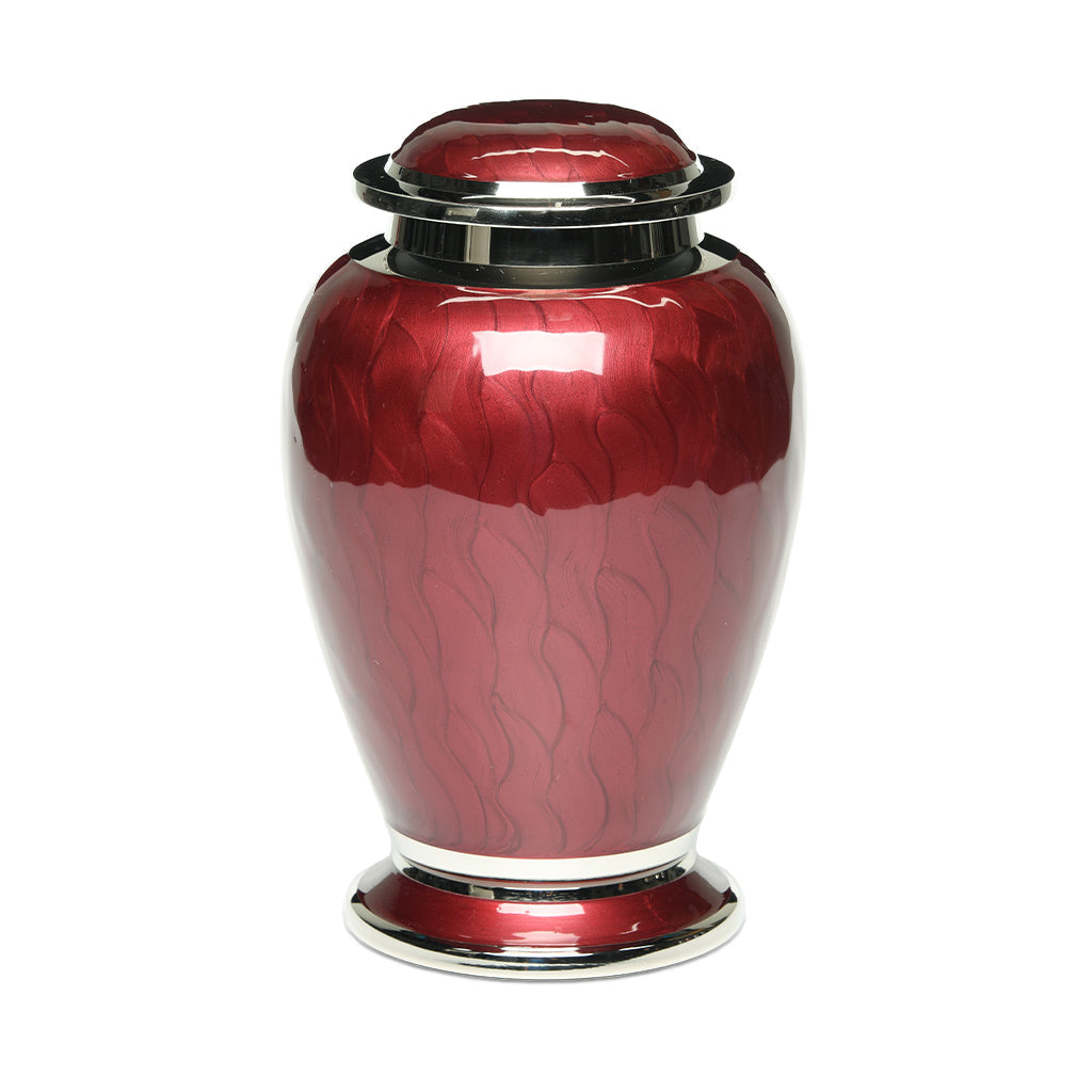 ADULT - Brass Urn -2571- Gleaming Enamel with Nickel Banding Wine red