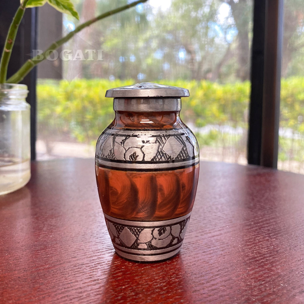 KEEPSAKE -Classic Alloy Urn -3250– ESPRESSO BROWN with FEATHERED BAND