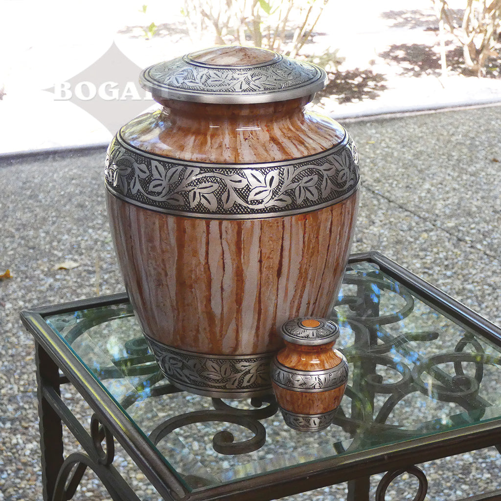 ADULT -Original Alloy Urn -3251– Washed Brown & White - Leaves and Vines