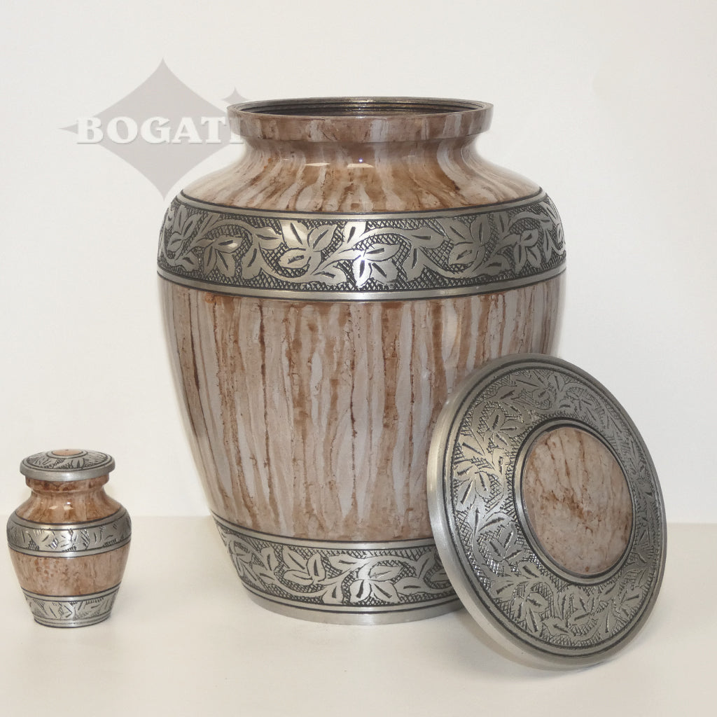 KEEPSAKE -Classic Alloy Urn -3251– Washed Brown & White - Leaves and Vines