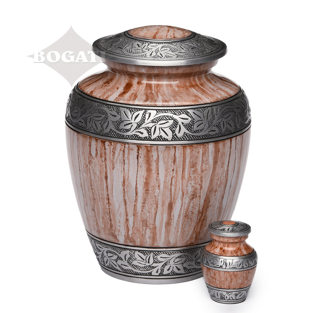 KEEPSAKE -Classic Alloy Urn -3251– Washed Brown & White - Leaves and Vines