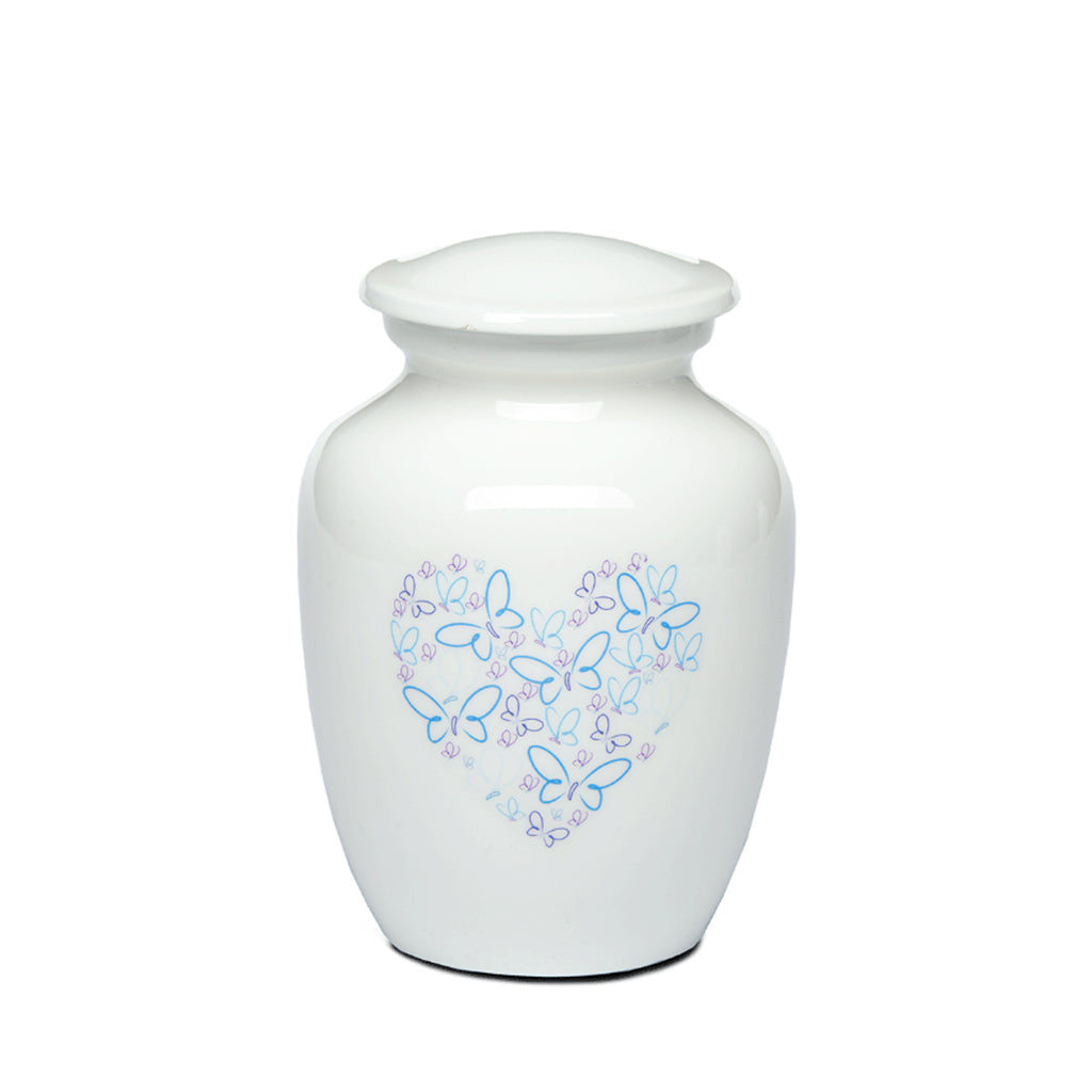 SMALL - Powder Coated Alloy Urn -4123- Heart with Butterflies Blue