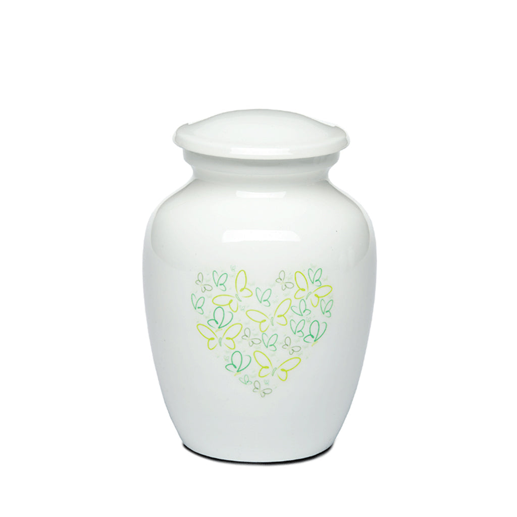 SMALL - Powder Coated Alloy Urn -4123- Heart with Butterflies Green