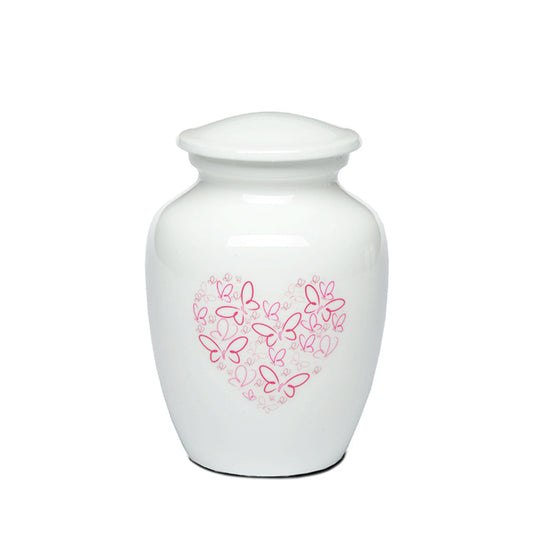 SMALL - Powder Coated Alloy Urn -4123- Heart with Butterflies Pink