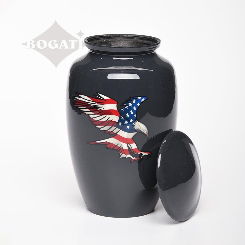 ADULT - Alloy Urn -4076- Eagle and American Flag - High Gloss Slate finish