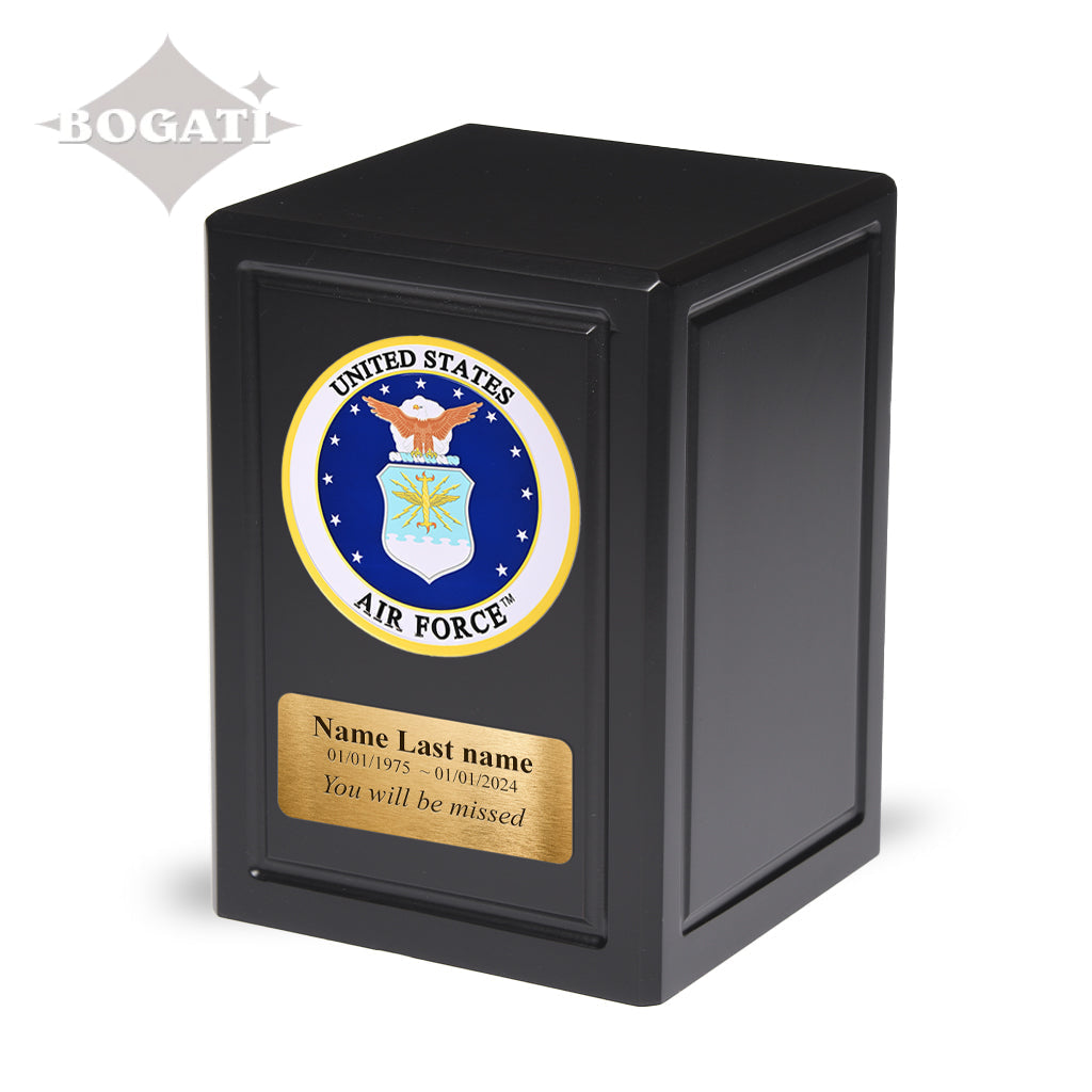 ADULT - Basswood Urn -AW04- Black with Military Emblem and Optional Plate Air Force