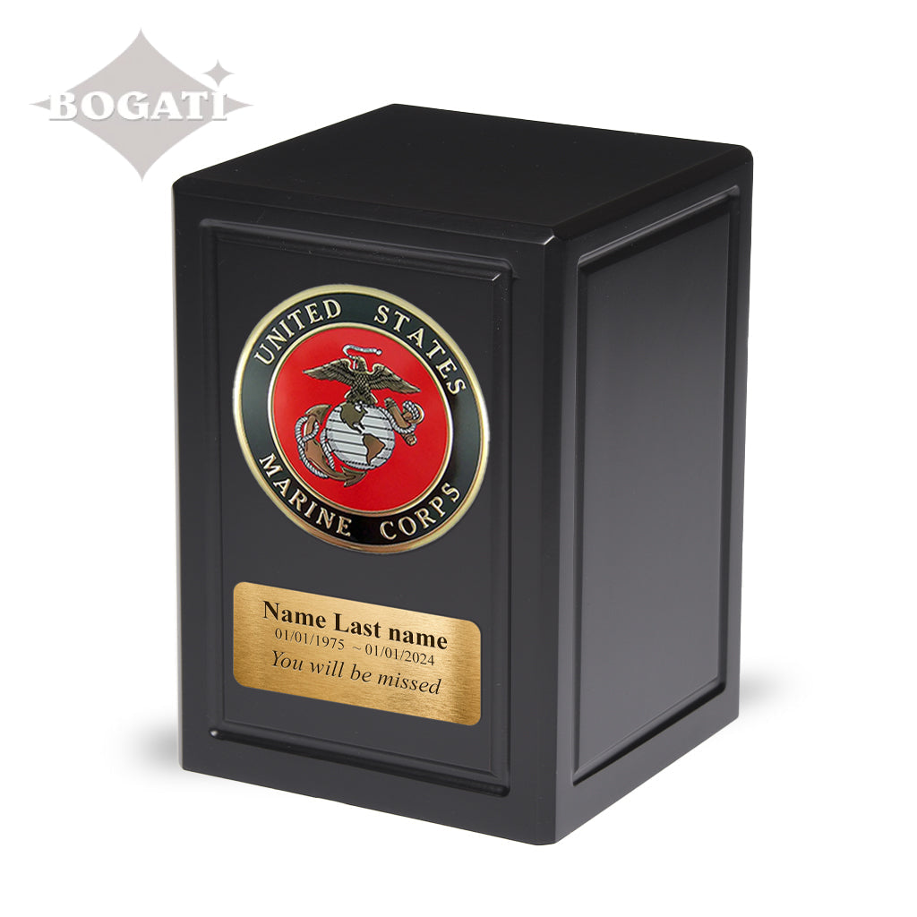 ADULT - Basswood Urn -AW04- Black with Military Emblem and Optional Plate Marine Corps