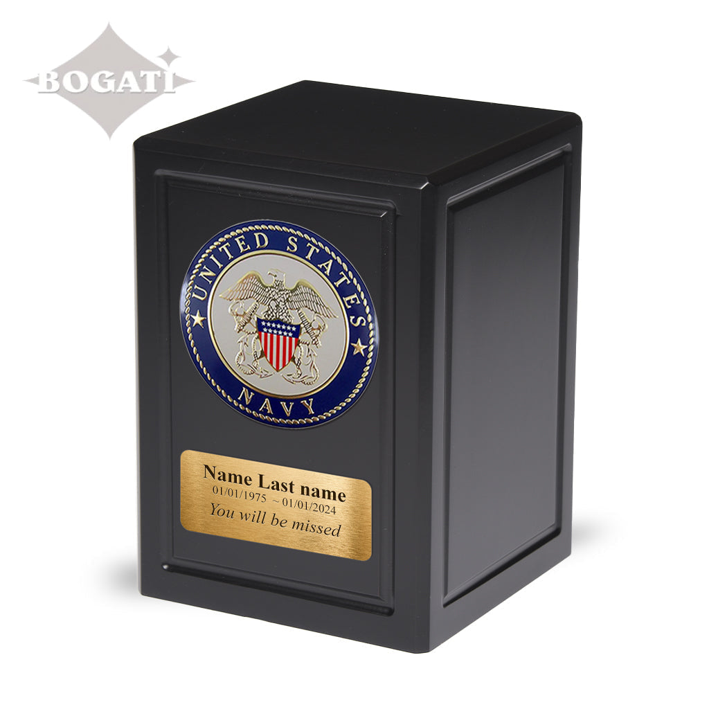 ADULT - Basswood Urn -AW04- Black with Military Emblem and Optional Plate Navy