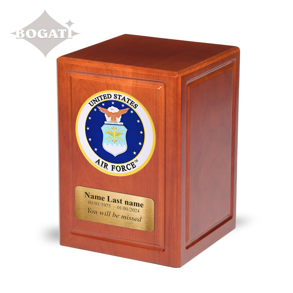ADULT - Basswood Urn -AW04- Cherry with Military Emblem and Optional Plate Air Force