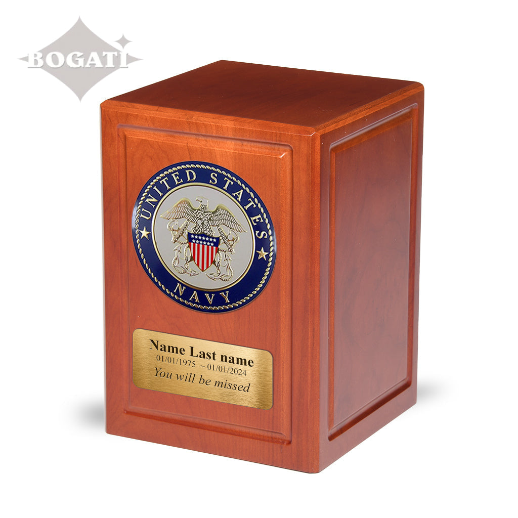 ADULT - Basswood Urn -AW04- Cherry with Military Emblem and Optional Plate Navy