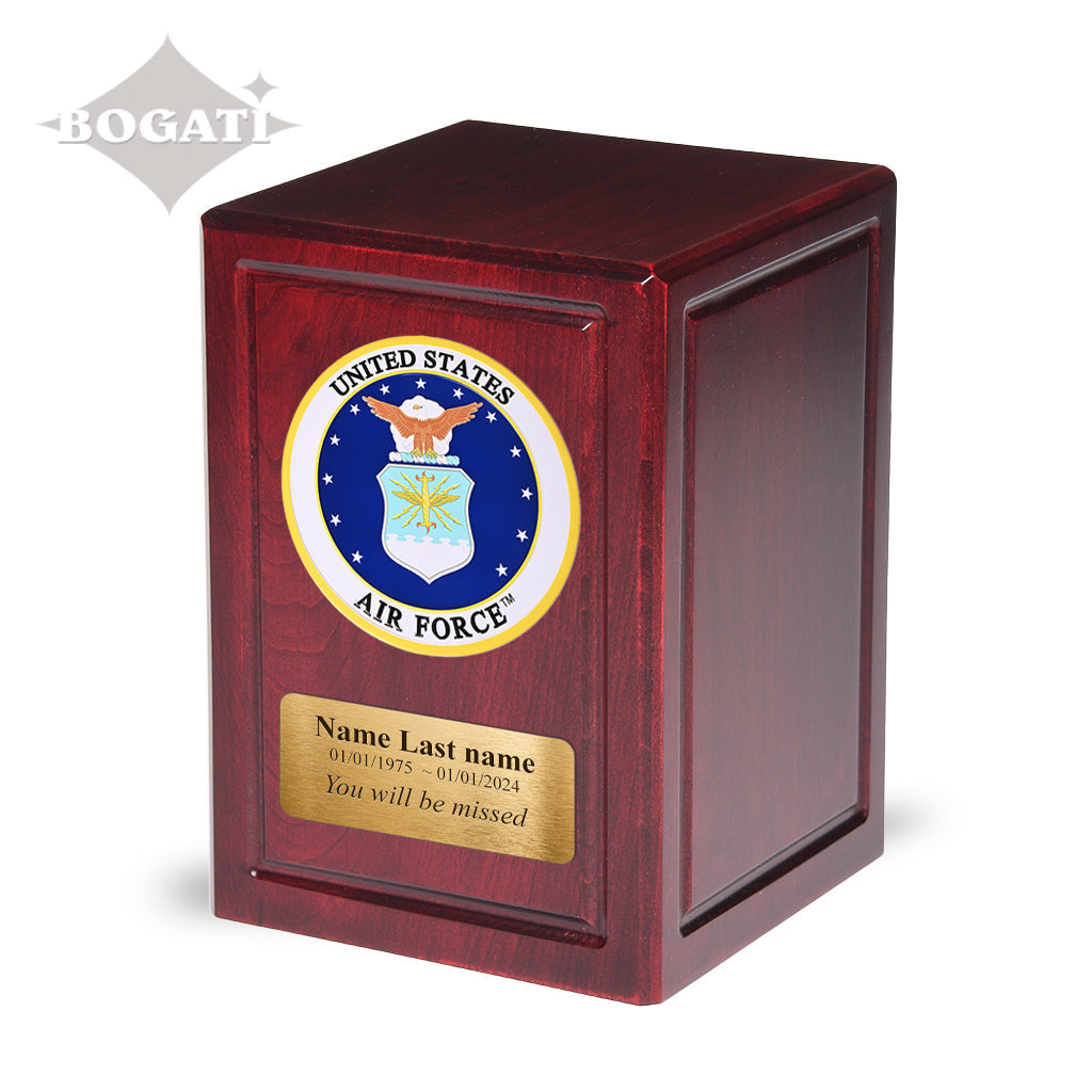 ADULT - Basswood Urn -AW04- Dark Cherry with Military Emblem and Optional Plate Air Force