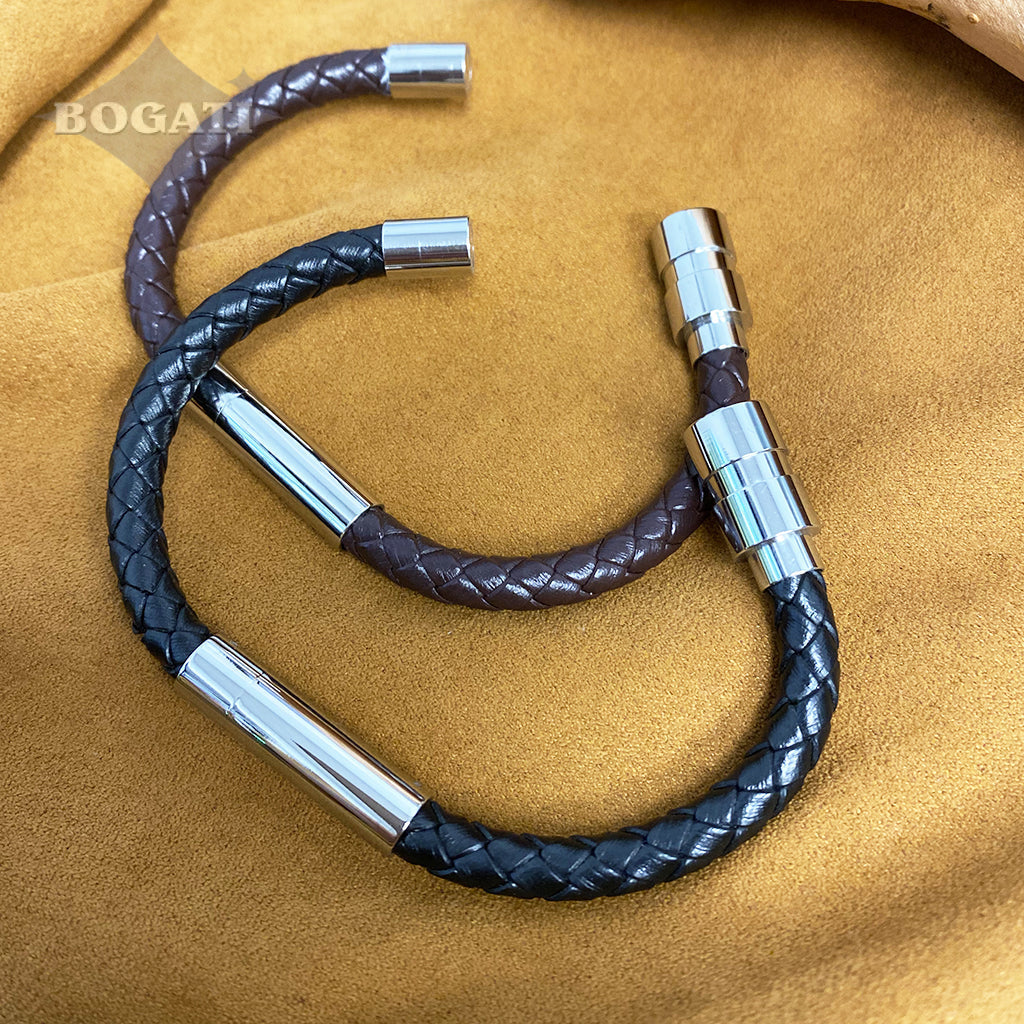 Two Braided Leather Cremation Bracelets with Silver Clasp