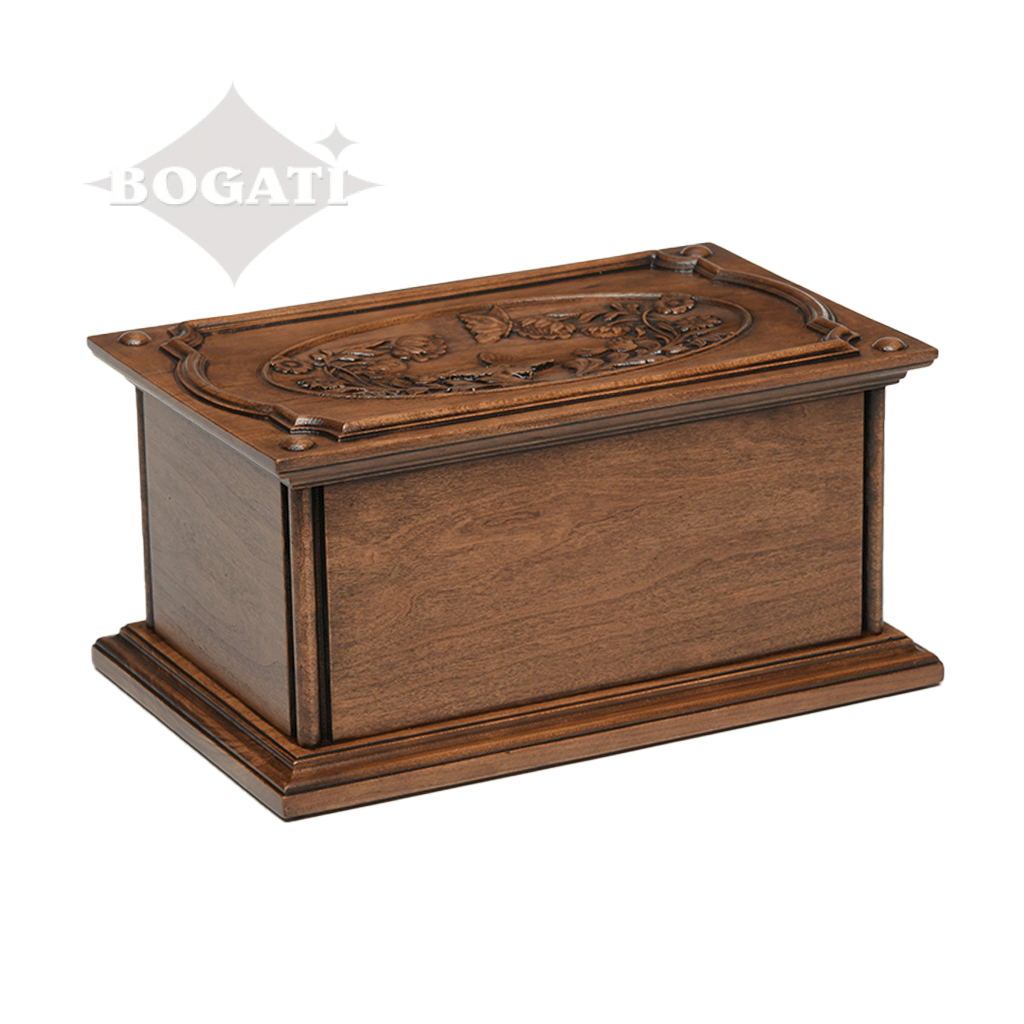 ADULT - Cherry Wood Handmade Carved Urn with Flowers & Butterflies