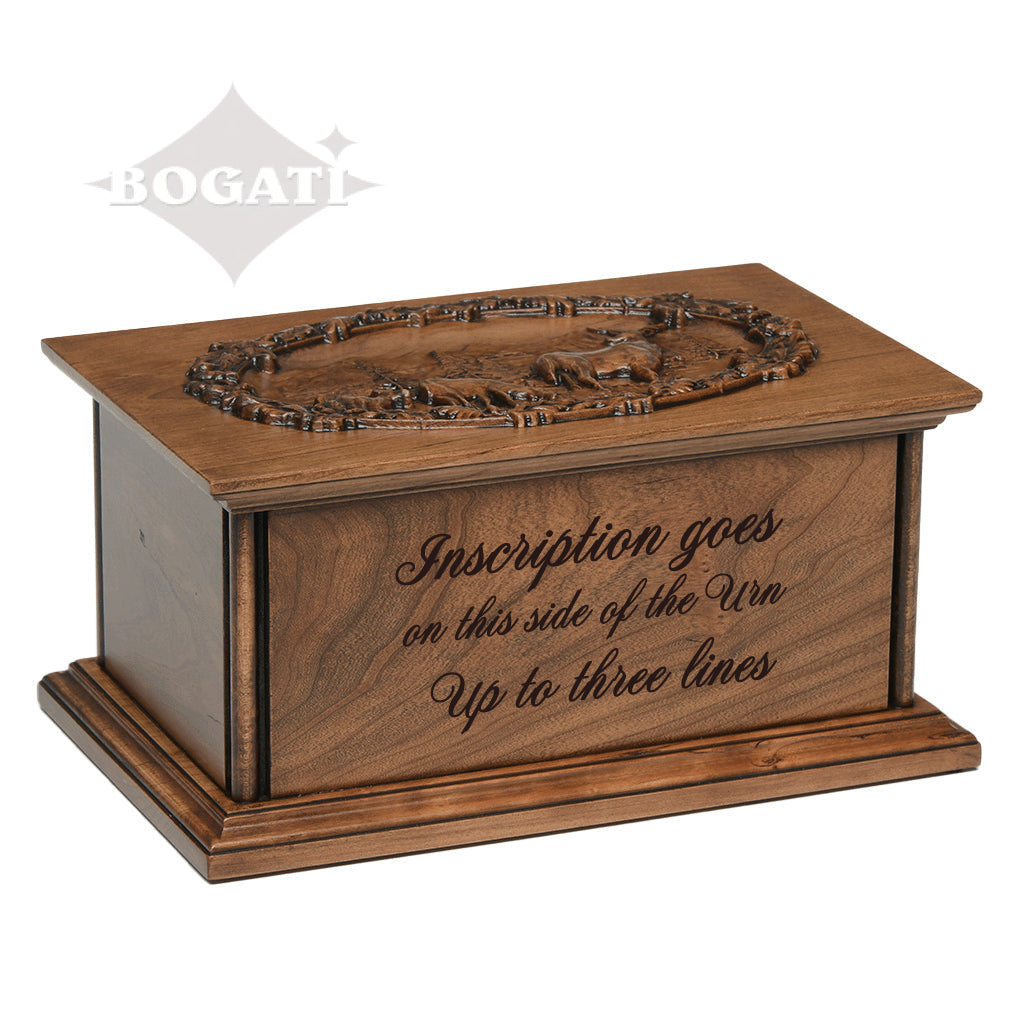 ADULT - Cherry Wood Handmade Carved Urn with Elk Mountain Scene